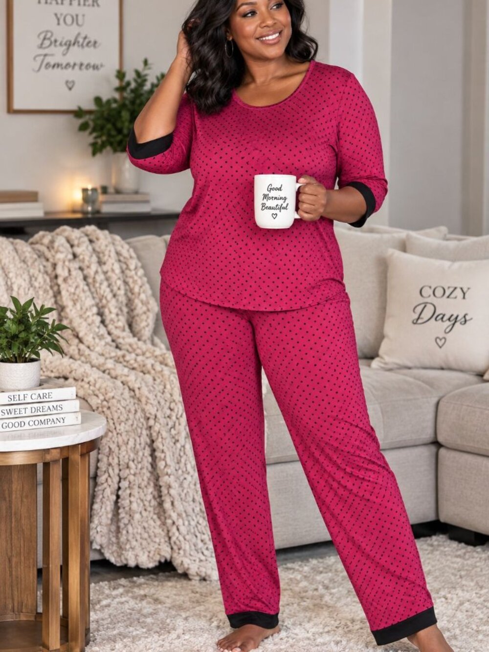 Soma Women’s Pajama Set L Pink Polka Dot Lounge Sleepwear Minimalist Cozy